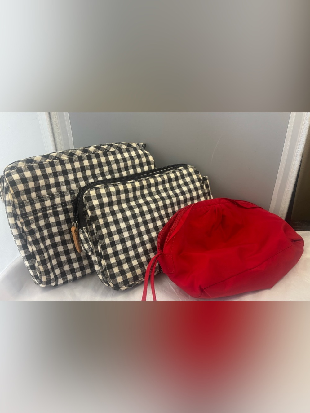 Ralph Lauren Gingham Cosmetic Cases Trio with Red Cole Haan cosmetic clutch